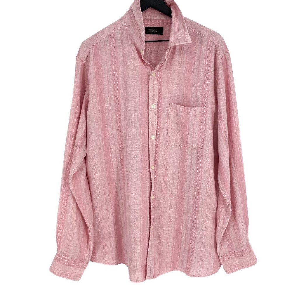 TASSO ELBA Pink Textured Stripe 100% Linen Button Up Long Sleeve Shirt Size L
